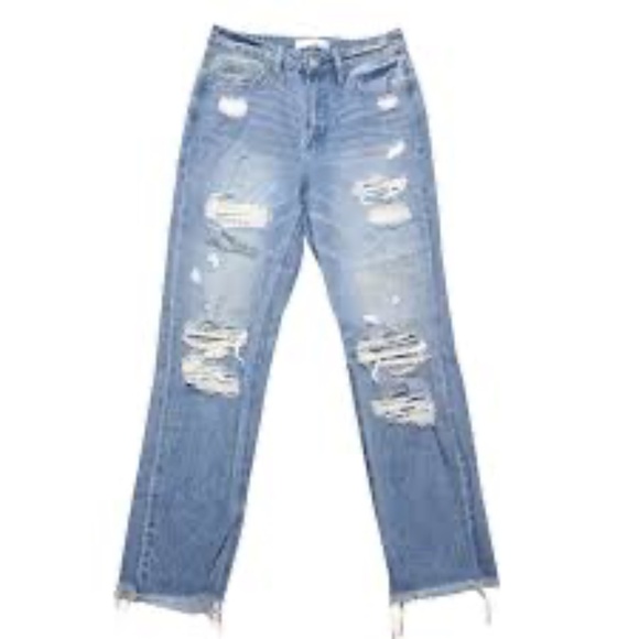 Vervet Distressed Stretch Raw Hem Straight Leg Jeans - Picture 1 of 7